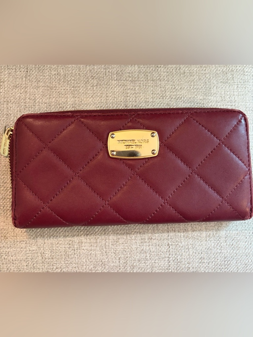 Michael Kors Quilted Zip Wallet - Burgundy with Gold Hardware
